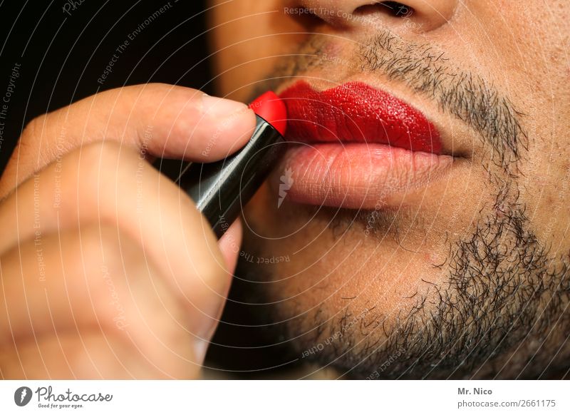 coming out Personal hygiene Make-up Lipstick Night life Masculine Mouth Facial hair 1 Human being Exceptional Designer stubble Red Eroticism Transvestite