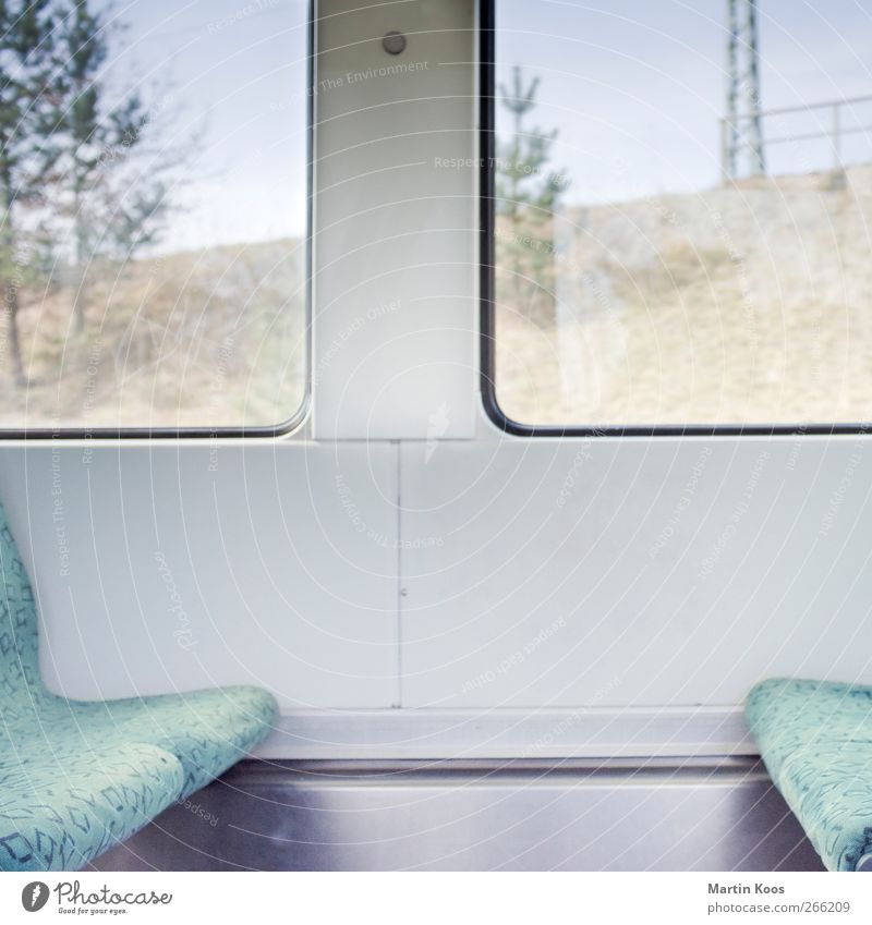 Driving Window Transport Passenger traffic Public transit Train travel Railroad Commuter trains Vacation & Travel Sit Bright Modern Colour photo Deserted