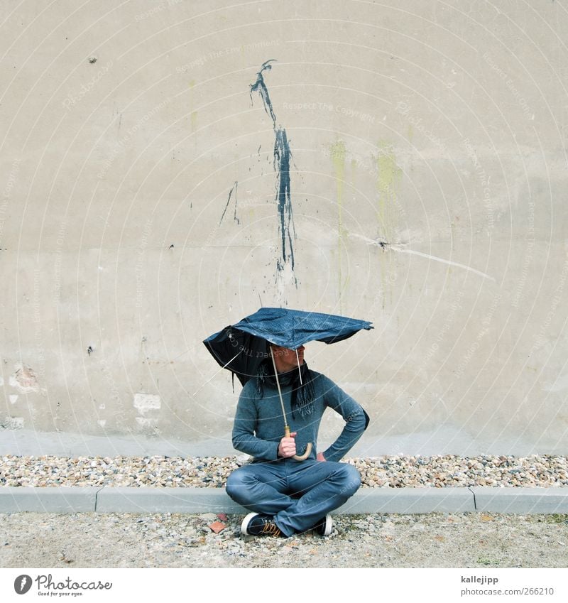 shitstorm Human being Masculine Man Adults 1 Art Rain Wall (barrier) Wall (building) Jeans Sweater Scarf Umbrella Sneakers Graffiti Crouch Dirty Dye