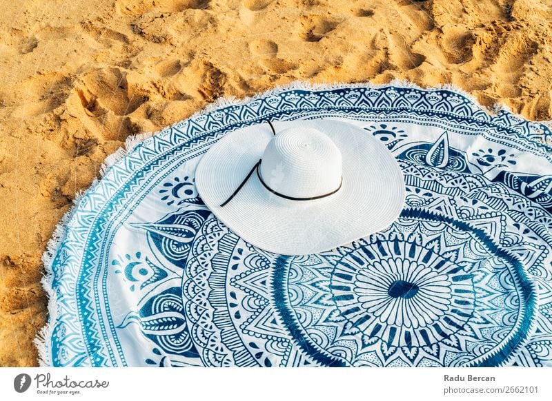 Round Beach Towel And White Hat In Summer Vacation Vantage point Sand Background picture Accessory Ocean Universe Vacation & Travel Conceptual design copy