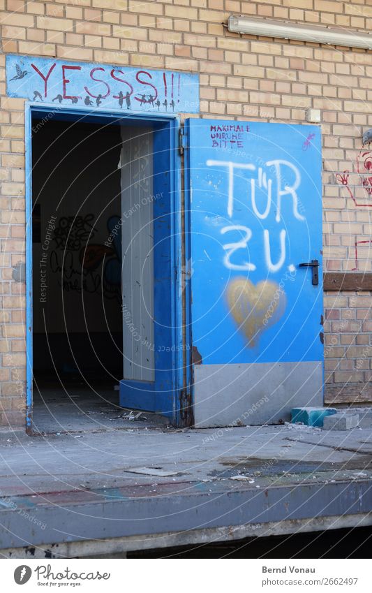 . it pulls Freiburg im Breisgau Town House (Residential Structure) Building Wall (barrier) Wall (building) Facade Door Dirty Broken Blue Heart Graffiti