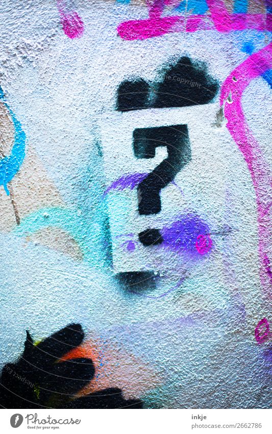 question Lifestyle Graffiti Deserted Wall (barrier) Wall (building) Facade Sign Characters Question mark Pink Black Ask Colour photo Multicoloured Exterior shot