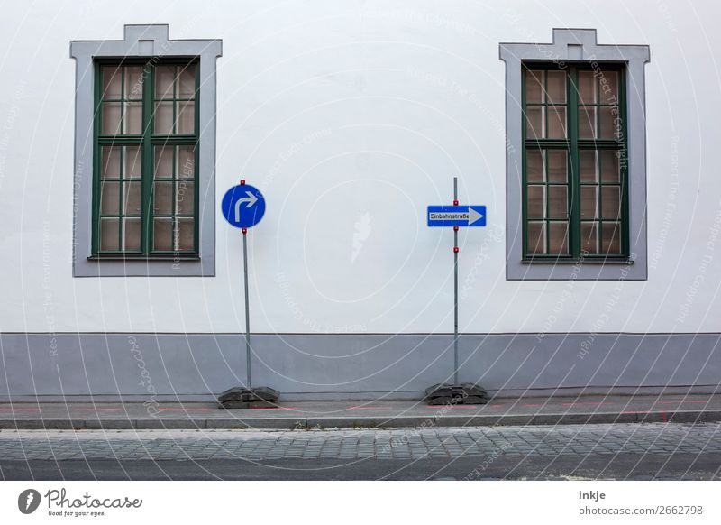 Augsburg Town Old town Deserted Wall (barrier) Wall (building) Facade Window Lattice window Traffic infrastructure Road traffic Street Road sign Sidewalk