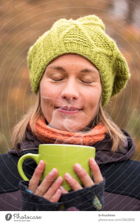 hot tea To have a coffee Beverage Drinking Hot drink Tea Mulled wine Cup Healthy Eating Harmonious Well-being Senses Relaxation Woman Adults Face Hand Fingers 1
