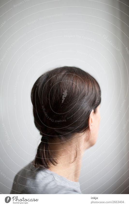 plait Colour photo Interior shot Close-up Copy Space left Neutral Background Day Light Shadow Contrast Shallow depth of field Portrait photograph Rear view