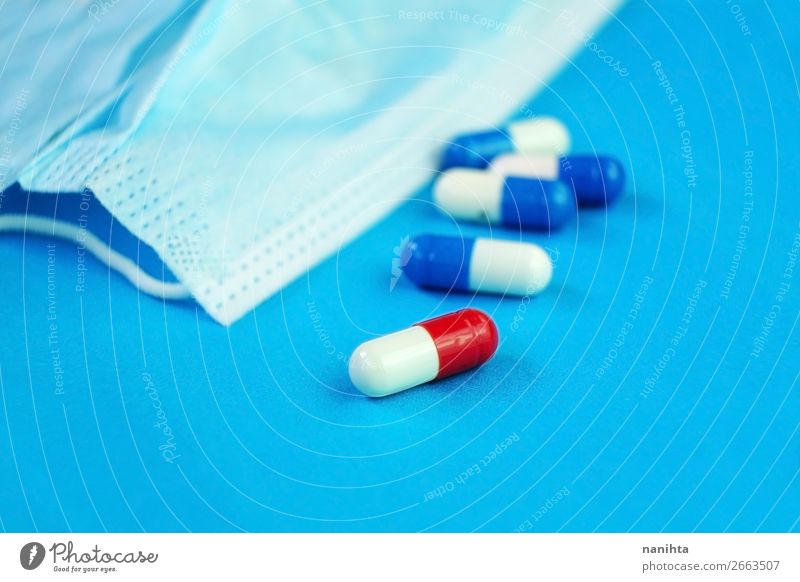 A detailed macro of pills and capsules Design Healthy Health care Medical treatment Illness Intoxicant Medication Simple Clean Blue Red White Colour Creativity