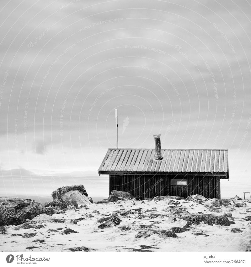 silent Landscape Earth Sky Clouds Winter Bad weather Snow Rock Mountain Peak Snowcapped peak Deserted Hut Old Original Wanderlust Vacation & Travel