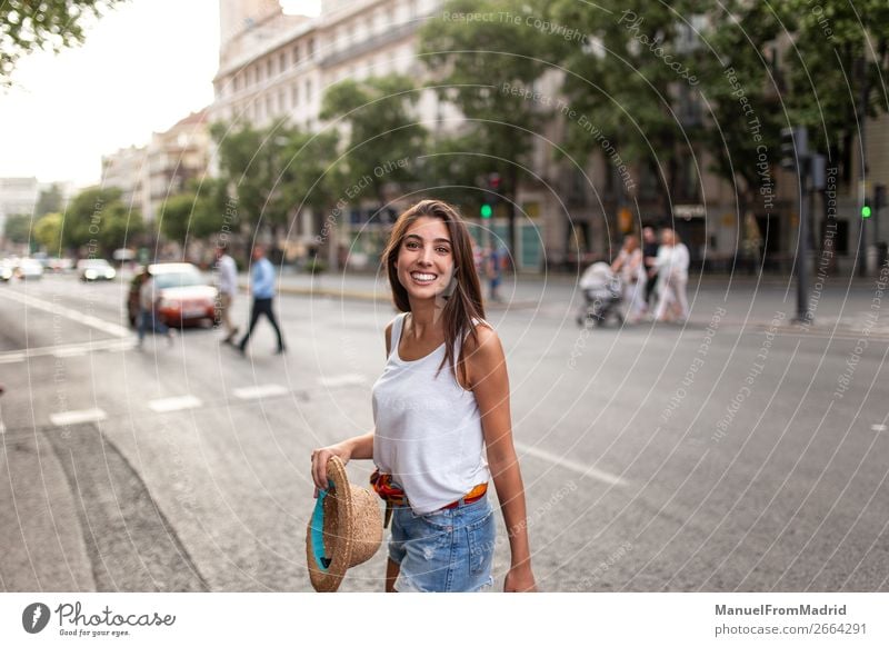 young cheerful woman in the street Lifestyle Happy Beautiful Vacation & Travel Tourism Summer Human being Woman Adults Street Fashion Hat Smiling Esthetic