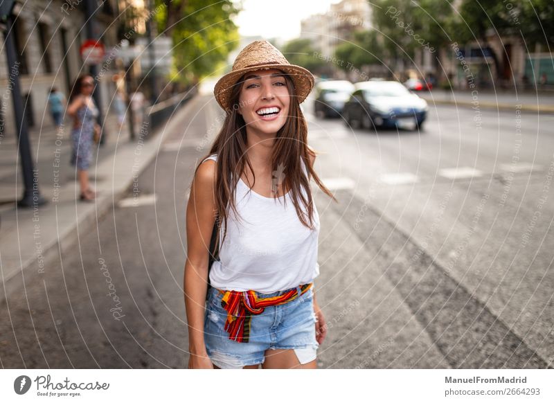 young cheerful woman in the street Lifestyle Happy Beautiful Vacation & Travel Tourism Summer Human being Woman Adults Street Fashion Hat Smiling Authentic