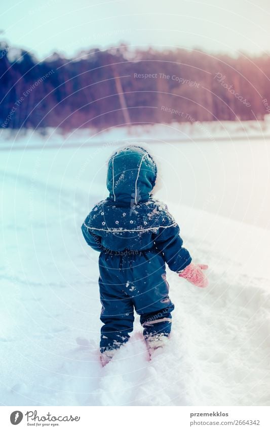 Little girl enjoying winter walking through deep snow. Toddler is playing outdoors while snow falling. Child is wearing dark blue snowsuit and wool cap
