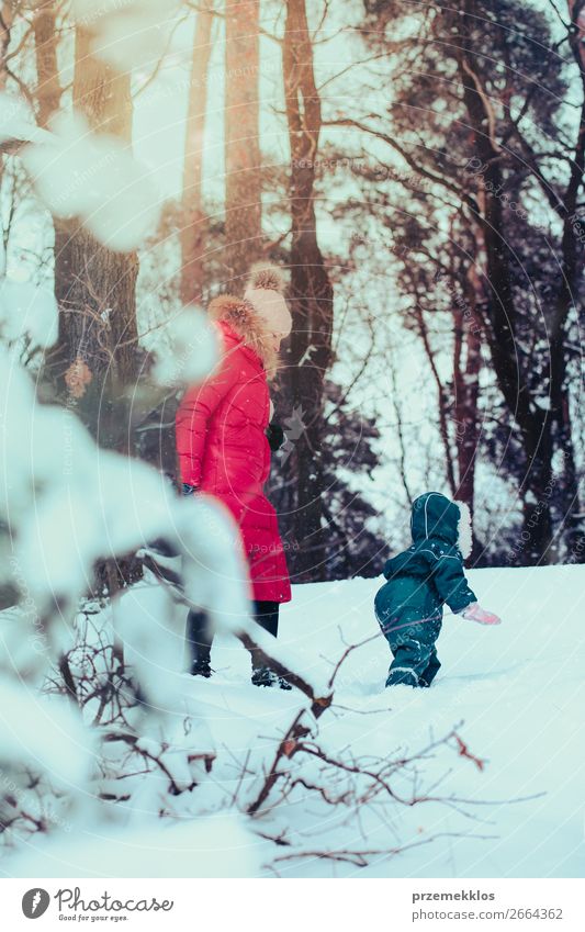 Family spending time together walking outdoors in winter Lifestyle Joy Happy Winter Snow Winter vacation Human being Child Toddler Girl Young woman