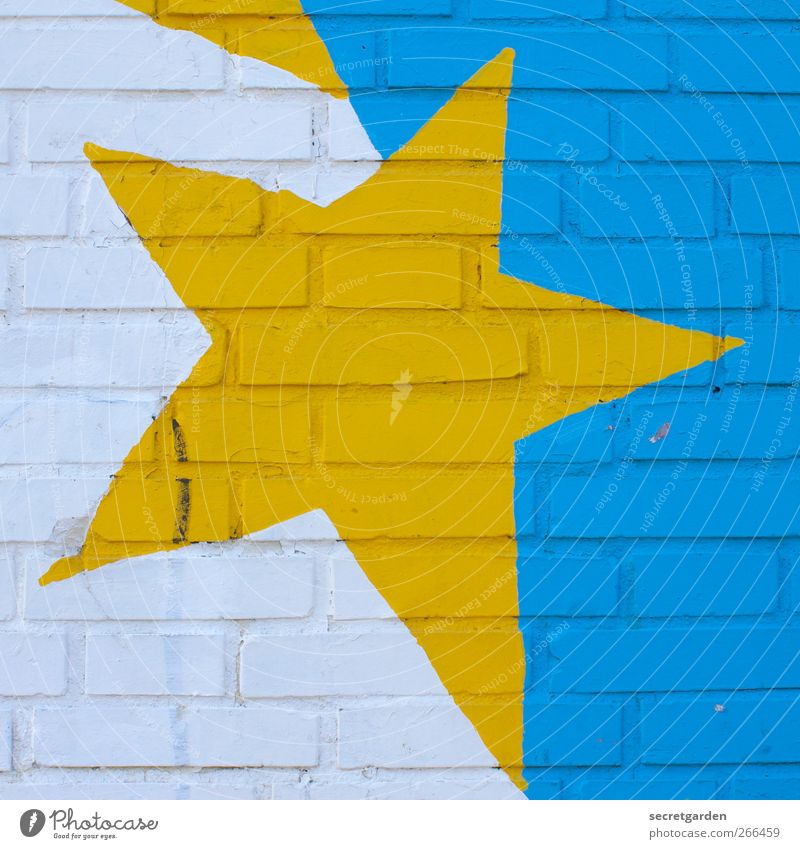 with corners and edges. Art Building Wall (barrier) Wall (building) Facade Decoration Sign Graffiti Illuminate Sharp-edged Rebellious Crazy Trashy Blue Yellow