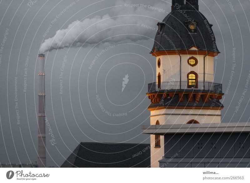 Tower of historic town hall with smoking chimney in the background City hall Manmade structures Building Window Roof Chimney Environmental pollution Flare Smoke