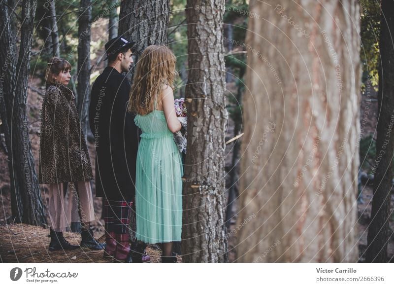 A group of Friends Standing in the Woods Lifestyle Elegant Design Exotic Beautiful Human being Feminine Girl Young woman Youth (Young adults) Young man