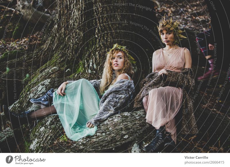 Two girls and a boy in an Editorial Folky Session in the woods Lifestyle Elegant Beautiful Human being Masculine Feminine Young woman Youth (Young adults)