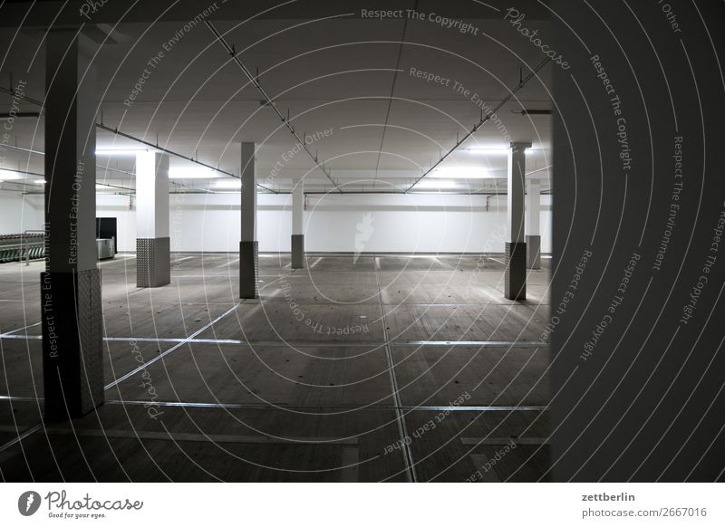 multi-storey car park Garage Underground garage Parking lot Parking garage Deserted Copy Space Living or residing Residential area Apartment Building Evening