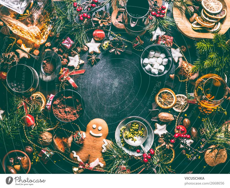 Christmas background frame with cookies and gingerbread Food Dessert Candy Chocolate Herbs and spices Nutrition Banquet Hot Chocolate Spirits Crockery Shopping