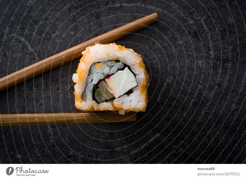 Chopstick with a sushi on black stone Sushi Food Healthy Eating Food photograph Japanese Rice Fish Salmon Seafood Roll Meal Make Gourmet Asia Raw Seaweed Dinner