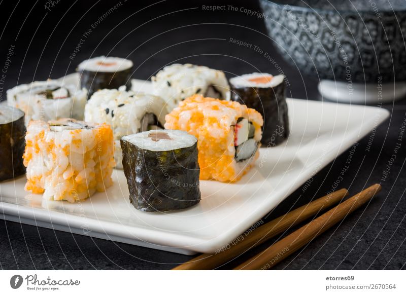 sushi assortment in white plate and soya sauce Sushi Food Healthy Eating Food photograph Japanese Rice Fish Salmon Seafood Roll Meal Make Gourmet Asia Raw