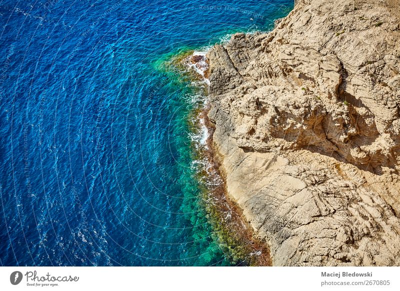 Aerial view of a rocky coastline, Mallorca. Vacation & Travel Summer Ocean Waves Nature Landscape Rock Coast Blue Discover water background Spain Cap Depera