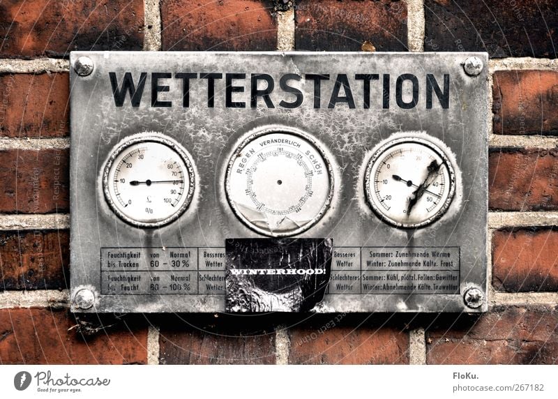weather station Measuring instrument Thermometer Barometer Weather station Climate Climate change Metal Brick Old Broken Retro Gloomy Gray Red Silver Measure
