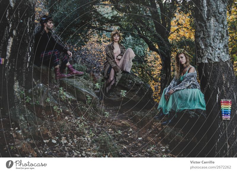 A Young group of friends Standing in the Woods Lifestyle Elegant Style Design Exotic Joy Human being Masculine Feminine Young woman Youth (Young adults)