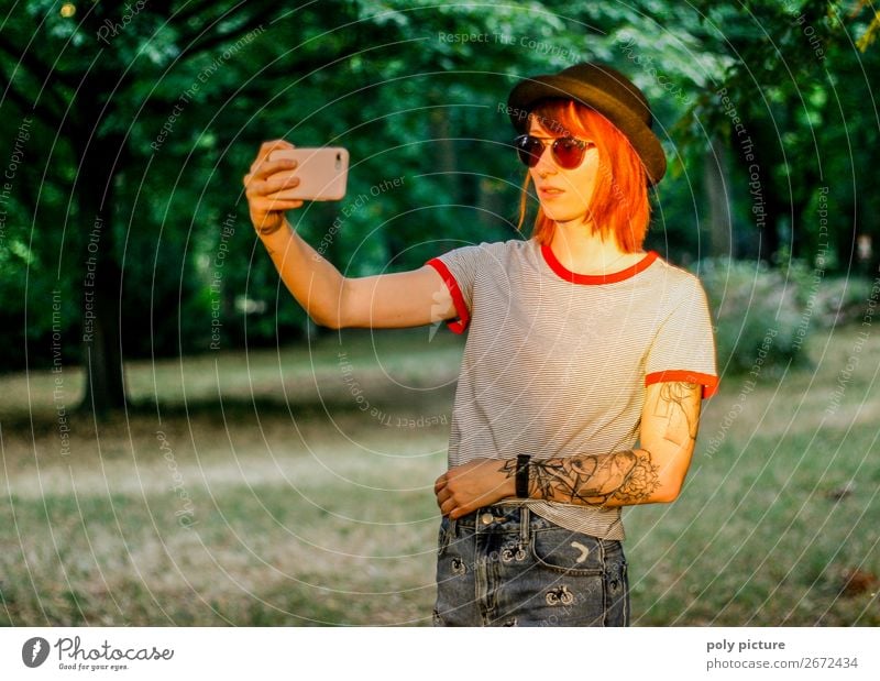 Selfie in the evening sun in the city park - [LS147] Lifestyle Contentment Vacation & Travel Summer Summer vacation Young woman Youth (Young adults) Woman