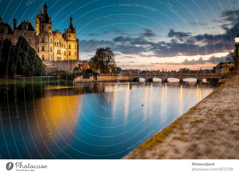 Schwerin Castle at sunset Germany Town Capital city Mecklenburg-Western Pomerania State parliament Politics and state Historic Old town Sunset Dusk
