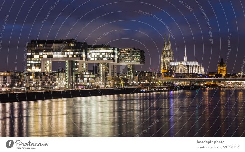 Night shots of the Kranhäuser, the Rhine and the cathedral in Cologne Germany Town Capital city Port City Downtown Skyline High-rise Dome Building Architecture