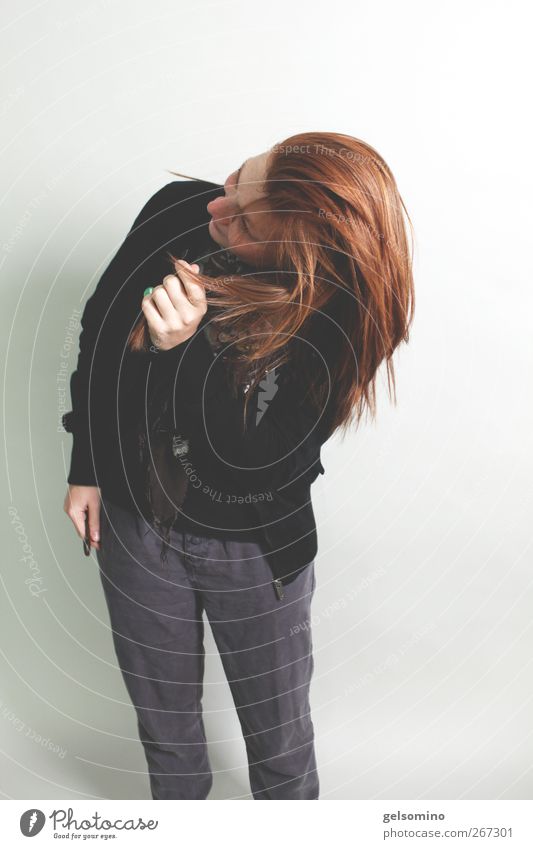 Shake it! Feminine Young woman Youth (Young adults) Hair and hairstyles Red-haired Movement Stand Simple Far-off places Free Eroticism Gray Black Colour photo