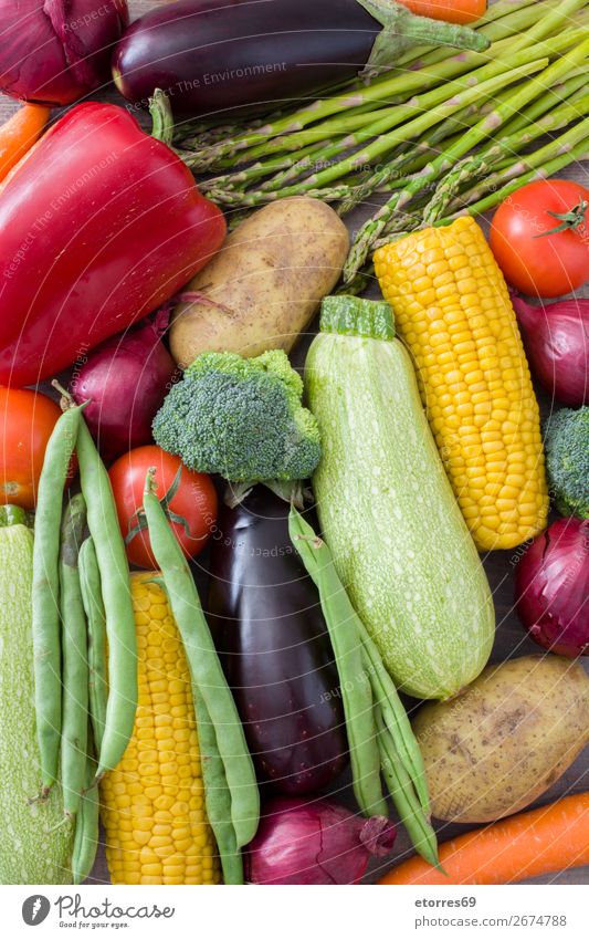 Fruit and vegetables Food Vegetable Nutrition Vegetarian diet Diet Healthy Multicoloured Yellow Green Red Zucchini Tomato Maize Onion Background picture