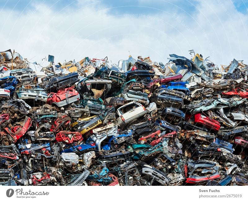 Cars at a scrap yard Cycling Engines Technology Environment Town Traffic accident Street Steel Rust Old Many Scrapyard Scrap metal Metal Recycling Dispose of