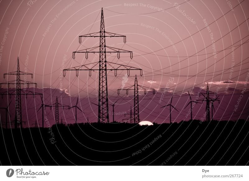 Energy in all variations 2 Cable Energy industry Renewable energy Wind energy plant Energy crisis Sky Clouds Sunrise Sunset Unwavering Electricity pylon