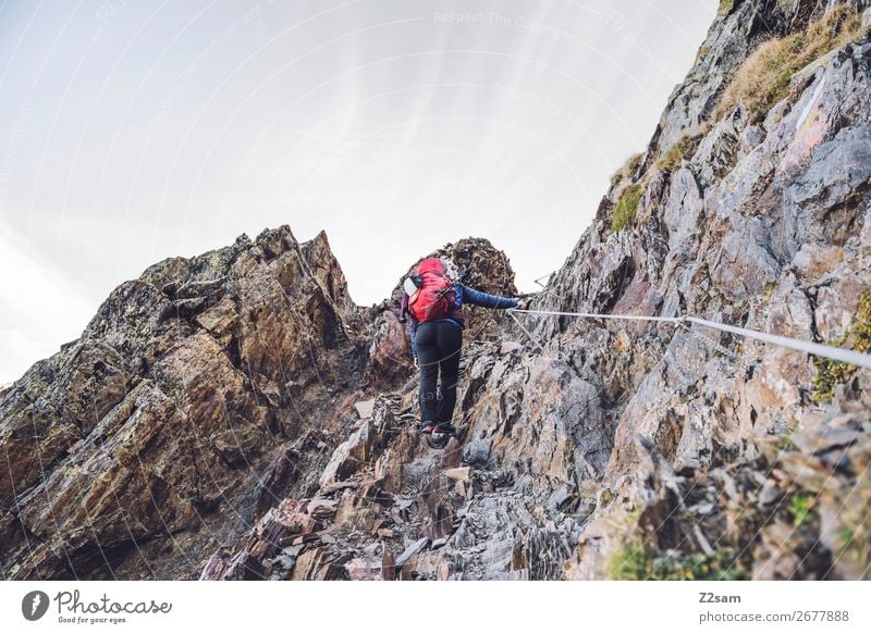 Young woman on a via ferrata Leisure and hobbies Vacation & Travel Expedition Mountain Hiking Climbing Mountaineering Youth (Young adults) Environment Nature