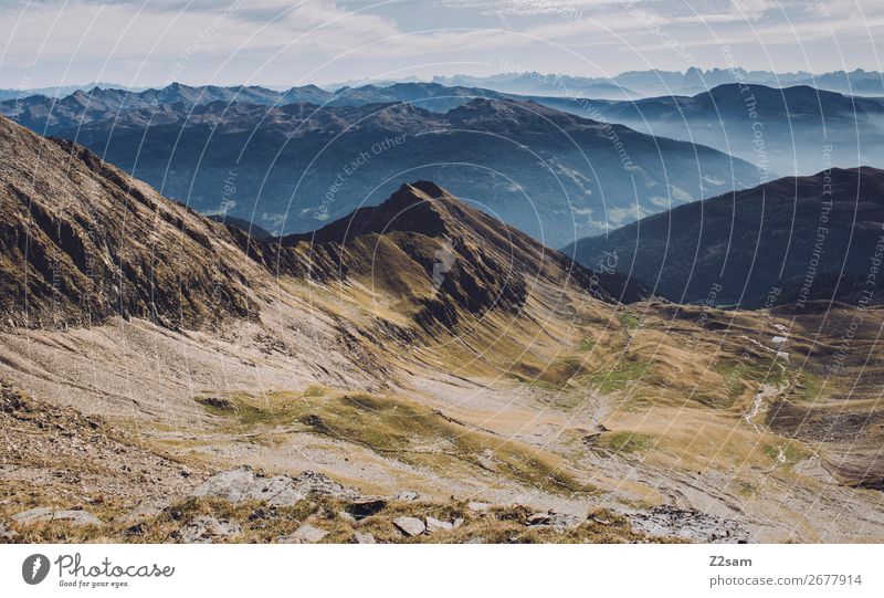 View from Hirzer | South Tyrol Hiking Nature Landscape Sky Summer Beautiful weather Alps Mountain Peak Sustainability Natural Blue Green Colour Idyll