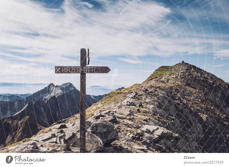 Summit cross at Hirzer Hiking Climbing Mountaineering Nature Landscape Sky Clouds Summer Alps Peak Natural Blue Adventure Idyll Sustainability Environment