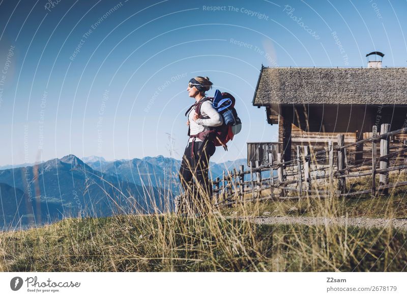 Hiker on the E5 long-distance hiking trail | Merano Leisure and hobbies Vacation & Travel Mountain Hiking Young woman Youth (Young adults) 30 - 45 years Adults