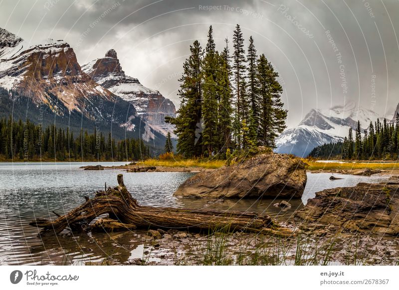 Spirit Island Vacation & Travel Tourism Trip Adventure Freedom Expedition Mountain Nature Landscape Storm clouds Autumn Bad weather Forest Rock Rocky Mountains