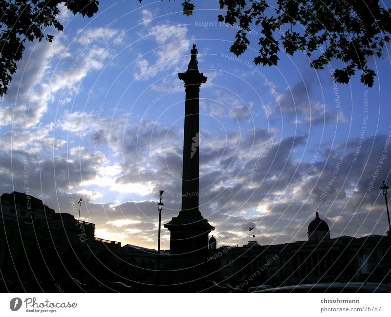 Trafalgar Square against the light Dusk Clouds Column Places London England Great Britain Europe Evening Sky Blue Nelson's Column