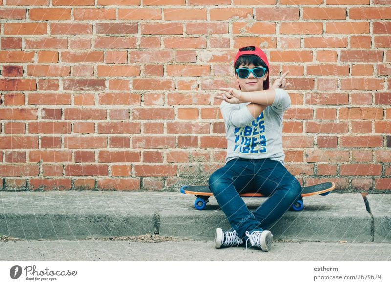 child with skateboard in the street Lifestyle Joy Leisure and hobbies Adventure Freedom Summer Sports Fitness Sports Training Success Human being Masculine