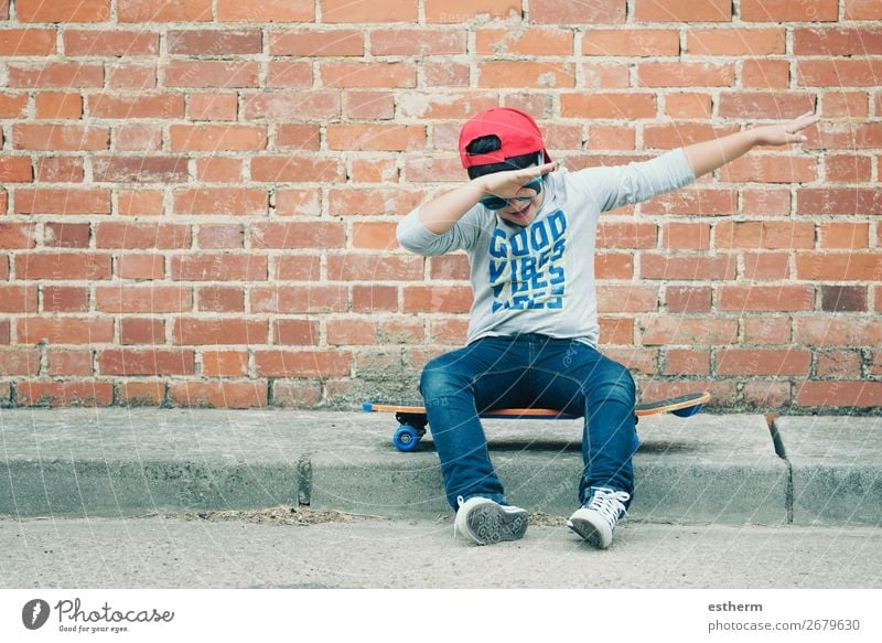 child with a skateboard and sunglasses in the street Lifestyle Joy Happy Leisure and hobbies Freedom Summer Sports Fitness Sports Training Success Child School