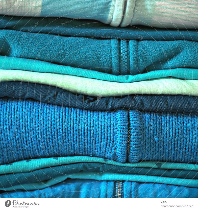 Blue, yes blue are all my clothes... Fashion Clothing T-shirt Sweater Jacket Zipper White Turquoise Light blue Colour photo Multicoloured Interior shot Detail