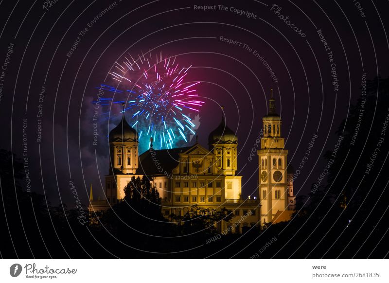fireworks over the illuminated Augsburg Town Hall Elegant Event Art Old town City hall Exceptional Glittering Luxury Firecracker celebration new year's eve
