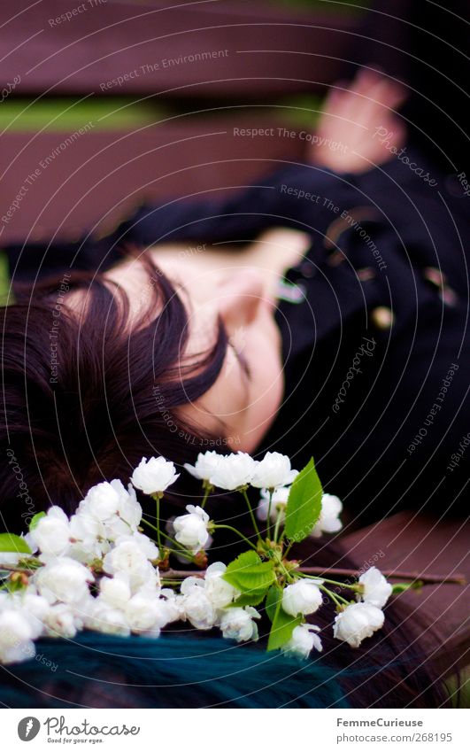Dreaming of you ... Young woman Youth (Young adults) Woman Adults 1 Human being 18 - 30 years Fragrance Loneliness Relaxation Park bench Lie Restful Meditative