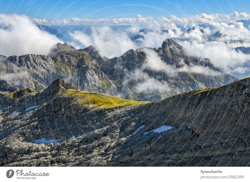 mountain worlds Environment Nature Landscape Plant Elements Earth Air Sky Clouds Sun Weather Beautiful weather Wind Tree Grass Rock Alps Mountain Peak Authentic