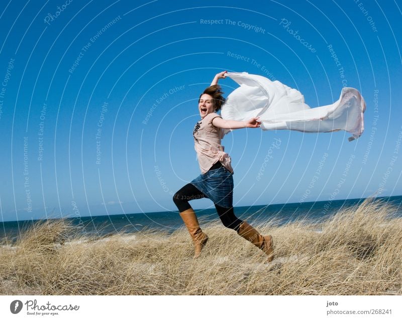 free as the wind when it blows Young woman Youth (Young adults) Dance Horizon Summer Ocean Movement Flying To enjoy Laughter Walking Jump Illuminate Dream Happy