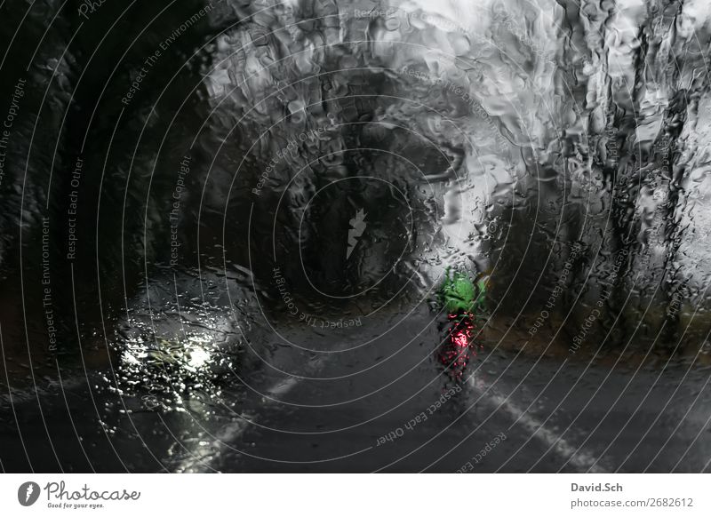 Cyclist drives in front of a car when it rains Bicycle Human being 1 Bad weather Rain Transport Means of transport Traffic infrastructure Road traffic Motoring