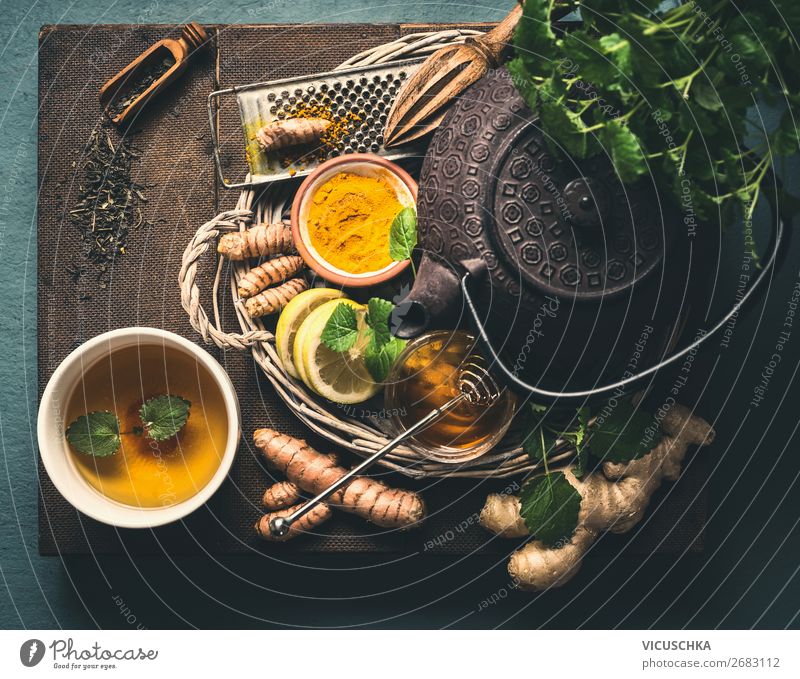 Ingredients For Healthy Turmeric Ginger Tea Food Herbs and spices Nutrition Breakfast Beverage Hot drink Crockery Cup Style Design Medical treatment