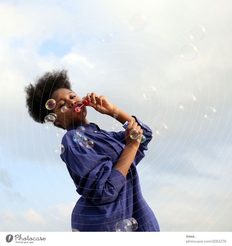 4900 soapbubbles Feminine Woman Adults 1 Human being Sky Clouds Beautiful weather Shirt Black-haired Afro Decoration Soap bubble Sphere Drop Movement Rotate
