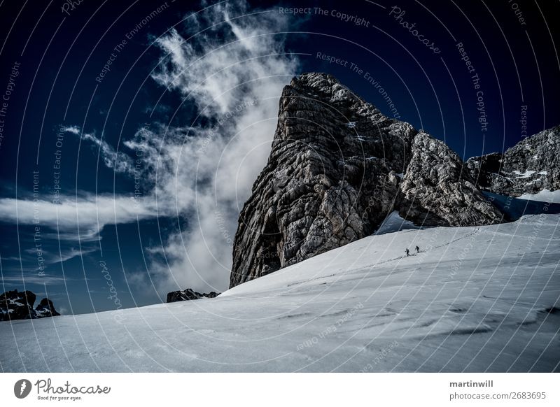 Descent from the summit of Dachstein Hiking Climbing Mountain Mountaineering Nature Landscape Clouds Winter Beautiful weather Fog Snow Rock Alps Peak Glacier